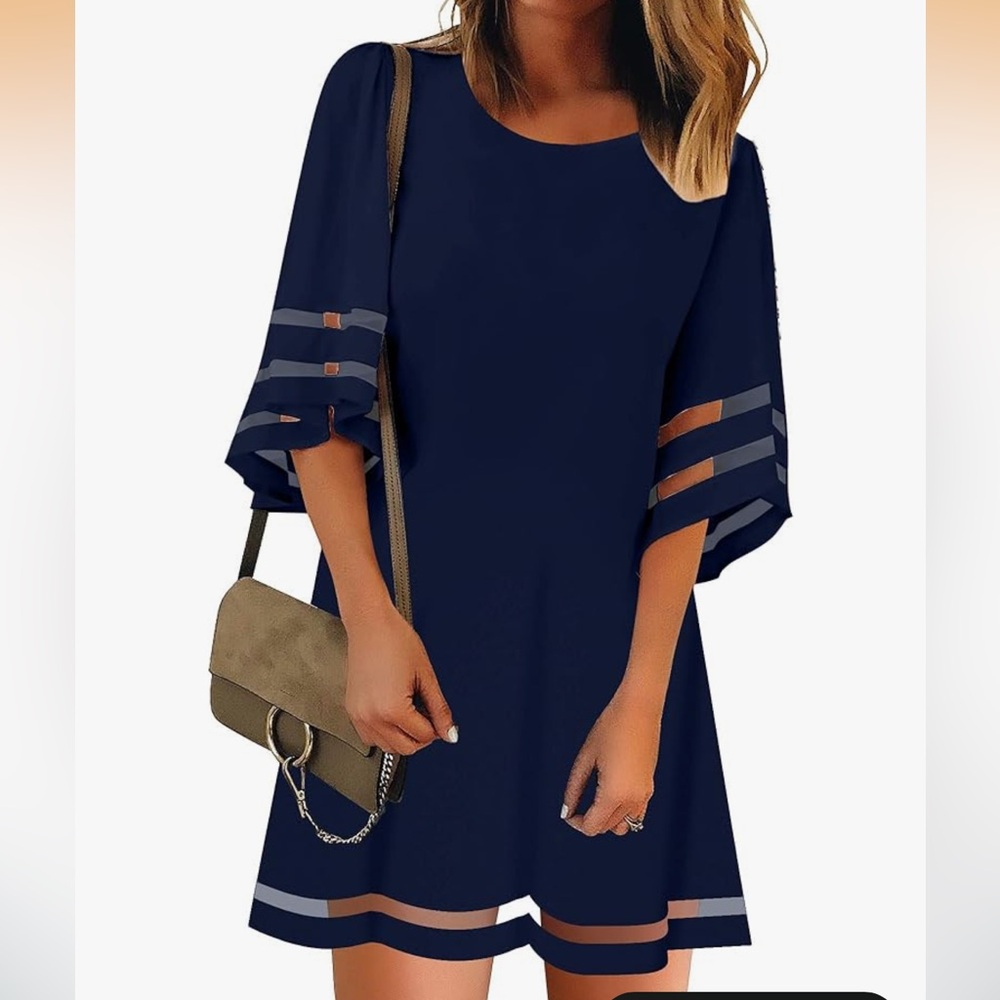 Lookbook Store Chic Navy 3/4 Sleeve Panel Casual Crewneck Dress